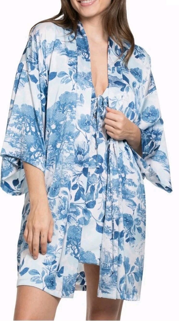 Midnight Bakery Women's Satin Pajama Set Size Large Blue And White Toile NWT